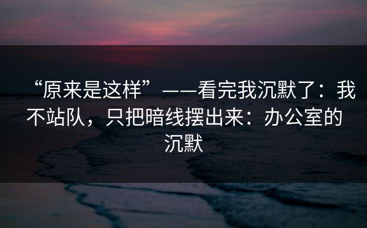 “原来是这样”——看完我沉默了：我不站队，只把暗线摆出来：办公室的沉默